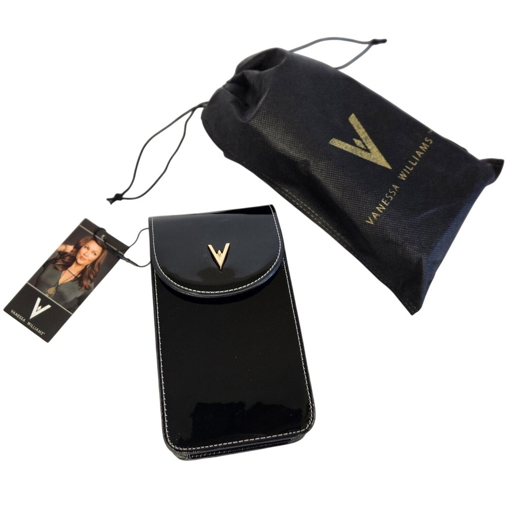 Vanessa Williams Black Patent Crossbody Phone Bag Gold Logo NWT Preppy Classy